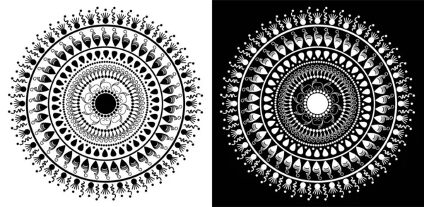 Hint geleneksel ve kültürel Rangoli mandala tasarım konsepti siyah ve beyaz arka planda izole edilmiş çiçek sanatı.