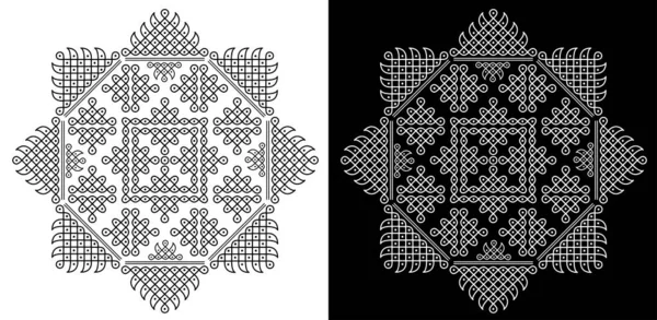 Siyah ve beyaz arkaplanda izole edilmiş kavisli çizgiler ve noktalar geleneksel ve kültürel rangoli veya kolam tasarımı kavramı 