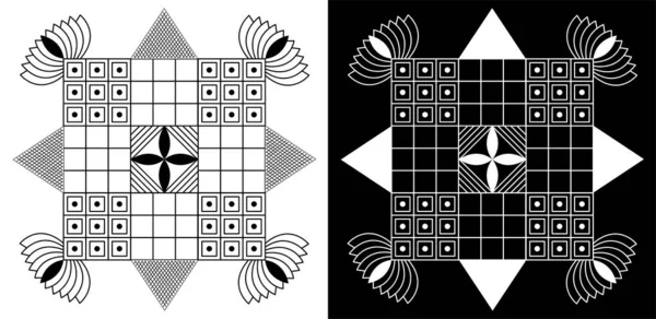 印度文化Rangoli Mandala的几何形状和莲花设计概念 在黑白背景下隔离 — 图库矢量图片