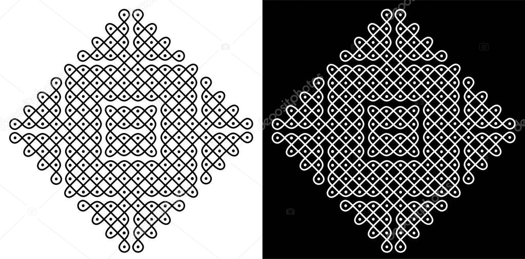 Indian traditional and cultural Rangoli or Kolam design concept of curved lines and dots isolated on black and white background 