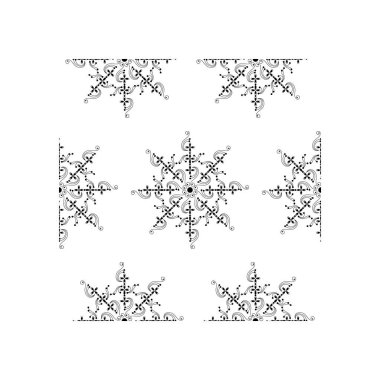 Hint Geleneksel ve Kültürel Rangoli veya Kolam tasarım kavramı beyaz arkaplanda izole edilmiş eğri çizgiler ve noktalar kusursuz desenlidir