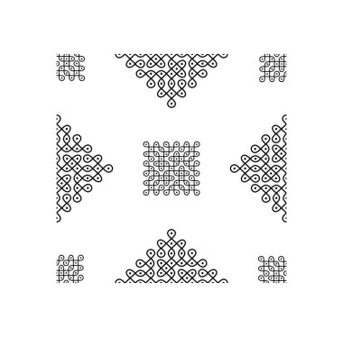 Hint Geleneksel ve Kültürel Rangoli veya Kolam tasarım kavramı beyaz arkaplanda izole edilmiş eğri çizgiler ve noktalar kusursuz desenlidir