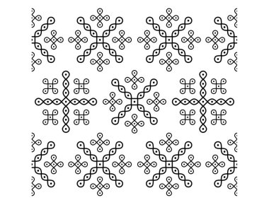 Hint Geleneksel ve Kültürel Rangoli veya Kolam tasarım kavramı beyaz arkaplanda izole edilmiş eğri çizgiler ve noktalar kusursuz desenlidir