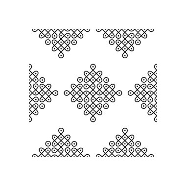 Hint Geleneksel ve Kültürel Rangoli veya Kolam tasarım kavramı beyaz arkaplanda izole edilmiş eğri çizgiler ve noktalar kusursuz desenlidir