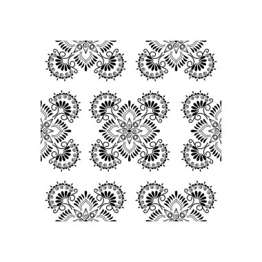 Hindistan Geleneksel ve Kültürel Rangoli Mandala tasarım konsepti beyaz arka planda izole edilmiş çiçek çizgileri kusursuz desenlidir.