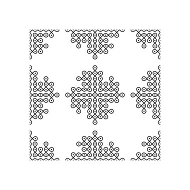 Hint Geleneksel ve Kültürel Rangoli veya Kolam tasarım kavramı beyaz arkaplanda izole edilmiş eğri çizgiler ve noktalar kusursuz desenlidir
