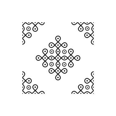 Hint Geleneksel ve Kültürel Rangoli veya Kolam tasarım kavramı beyaz arkaplanda izole edilmiş eğri çizgiler ve noktalar kusursuz desenlidir