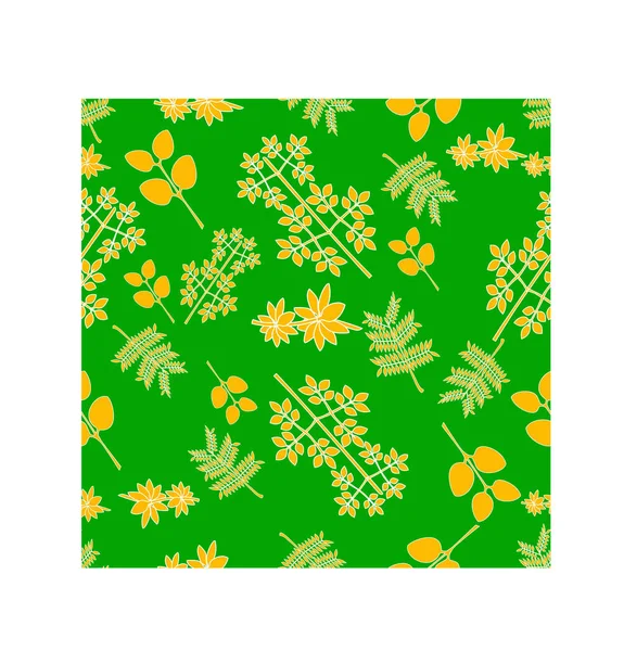 黄色的叶子和花朵在绿色的背景上呈无缝状 — 图库矢量图片