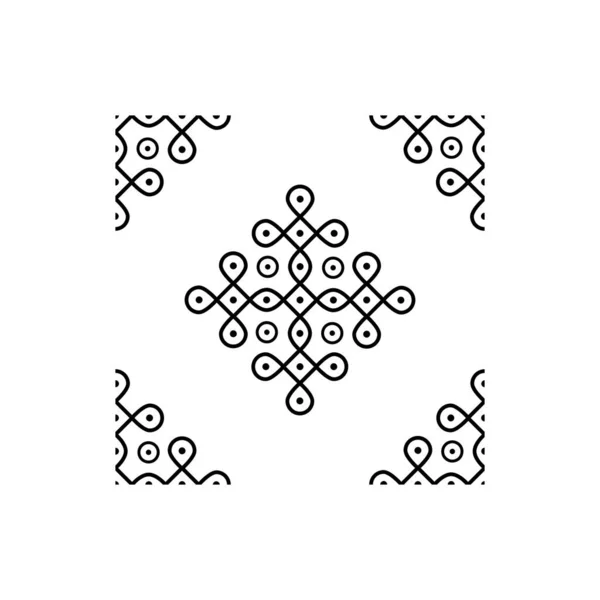 Hint Geleneksel ve Kültürel Rangoli veya Kolam tasarım kavramı beyaz arkaplanda izole edilmiş eğri çizgiler ve noktalar kusursuz desenlidir