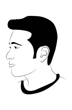 Genç bir adamın siyah silueti. Keskin, temiz çizgiler saçlarını ve yüz yapısını tanımlar. Nötr ifade sakinlik ya da tefekküre işaret eder. Minimalist tasarım ve markalaşma için ideal