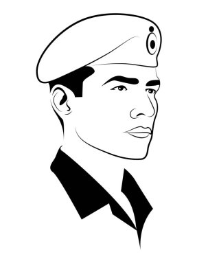 Bir askerin profilinin siyah-beyaz çizimi. Başlıkta merkezi bir amblem var. Göğüs bölgesinde yaka ve gömlek kenarları görünüyor. Yüzünde sakin ve odaklanmış bir ifade var. Ordu ve üniforma için ideal.