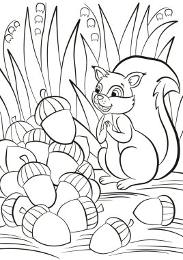 Little cute squirrel stands and looks at a pile of acorns.