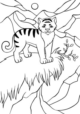 Küçük sevimli kaplan standları ve gülümsüyor.