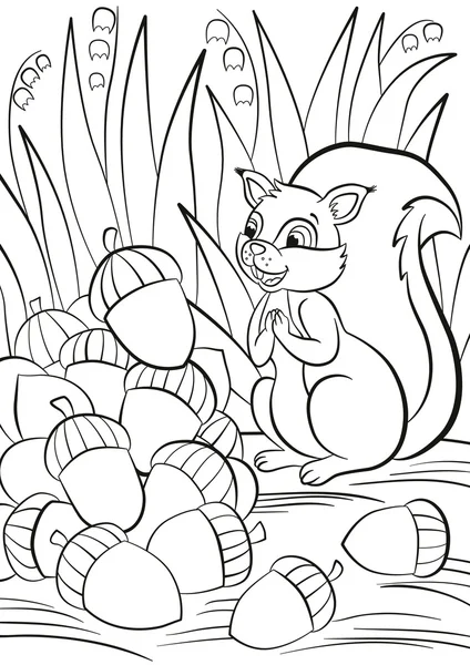 Little cute squirrel stands and looks at a pile of acorns. — Stockvector