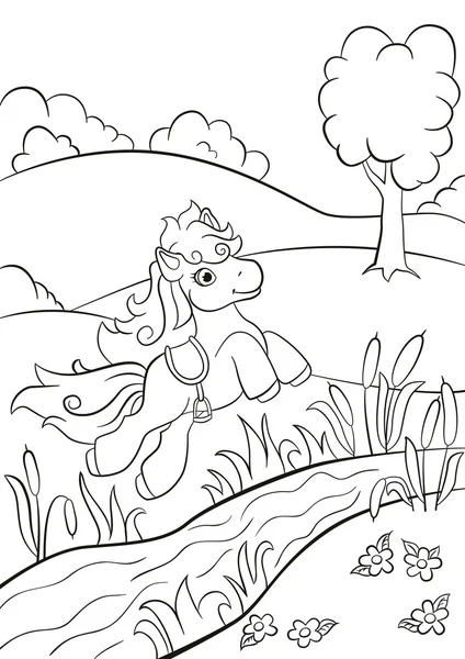 Piccolo pony carino saltare sopra il fiume sul campo. Lei è bella e sorridente . — Vettoriale Stock