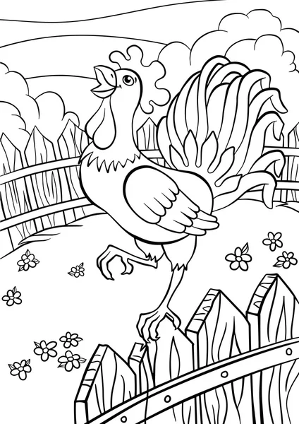可爱的公鸡站在篱笆和哭泣. — 图库矢量图片