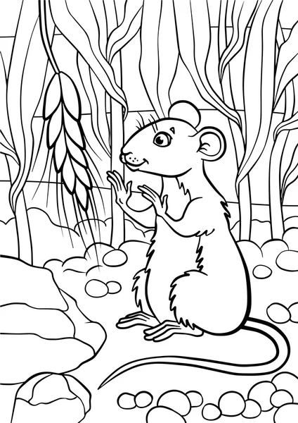 Kleine süße Maus schaut auf das Weizenstück. — Stockvektor