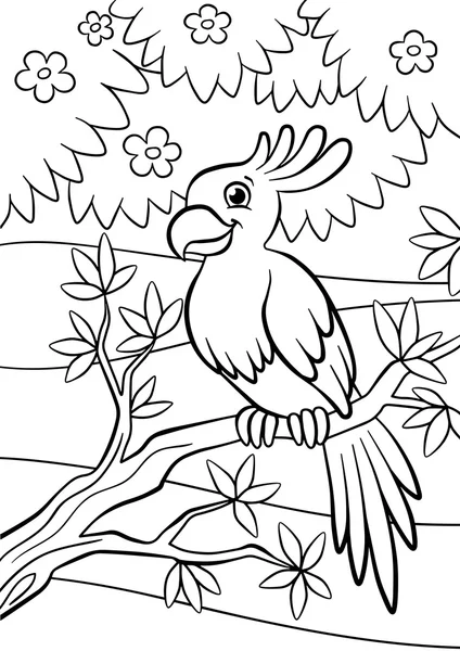 작은 귀여운 앵무새는 나뭇가지에 앉아 미소. — 스톡 벡터