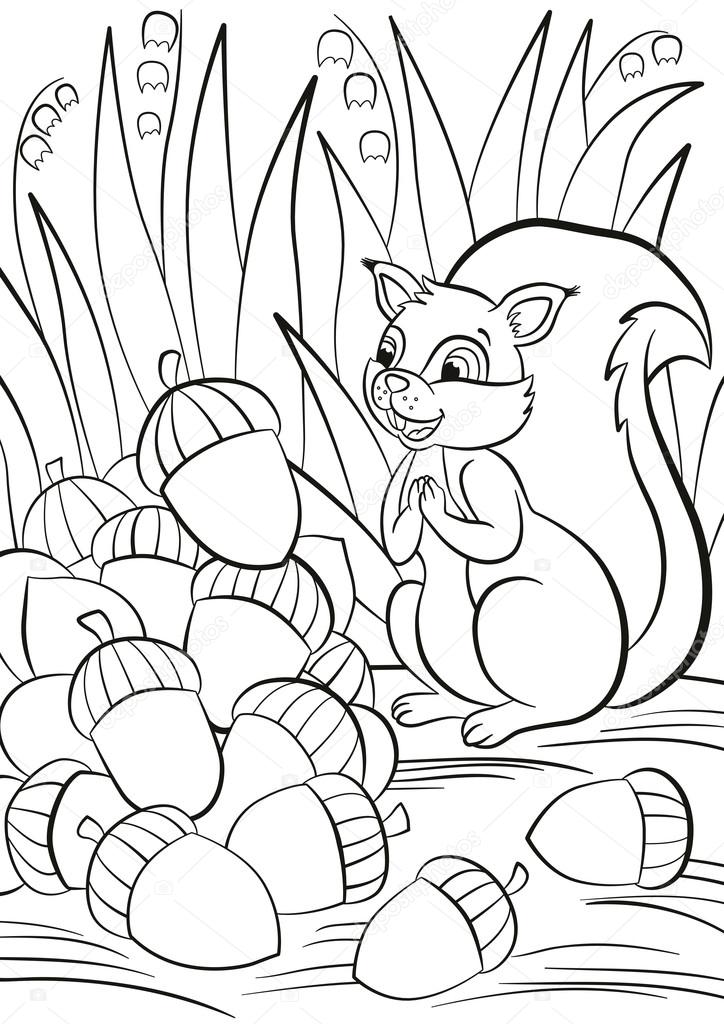 Little cute squirrel stands and looks at a pile of acorns. — Stock ... Little cute squirrel stands and looks at a pile of acorns. — Stock ...