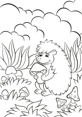 Küçük sevimli kirpi pençeleri ve gülümsüyor mantar tutar.