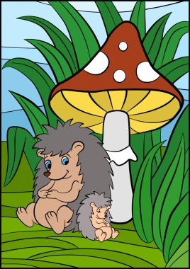 Mother hedgehog seets and looks at the little cute baby hedgehog. clipart