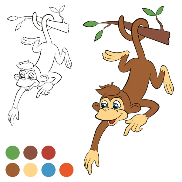 Malá roztomilá opice visí na stromě a ukazovala někam. — Stockový vektor