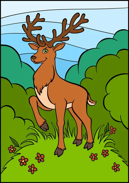 Little cute deer stands on the clearing in the forest. — Stock Vector