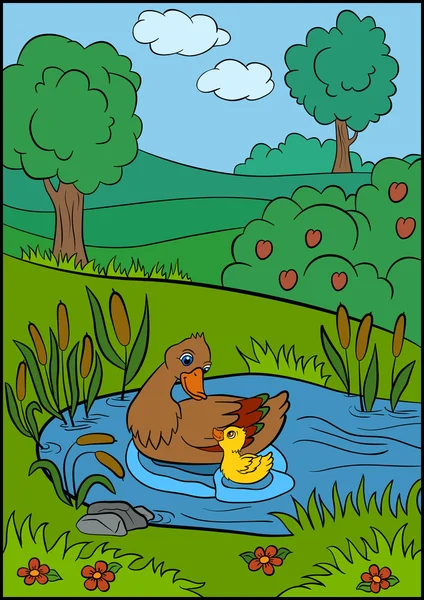 母鴨が泳ぐ池の彼女小さなかわいいアヒルの子と. — ストックベクタ