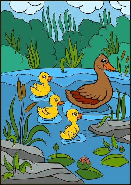 Madre anatra nuota con i suoi piccoli simpatici anatroccoli . — Vettoriale Stock