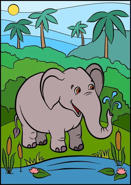 Lindo elefante tipo se encuentra cerca del lago y sonríe . — Vector de stock
