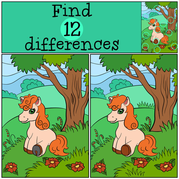 Маленький милый пони сидит в лесу возле дерева
.