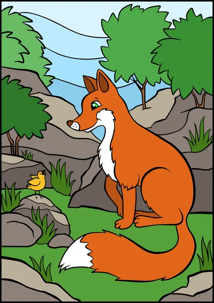 Little cute fox sits and looks at the singing bird. — Stock Vector