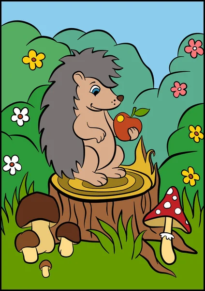 Kleine schattige egel staat op de stomp en houdt een appel in de hand. — Stockvector
