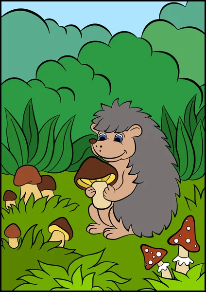 Little cute hedgehog holds the mushroom in the hands. — Stock Vector