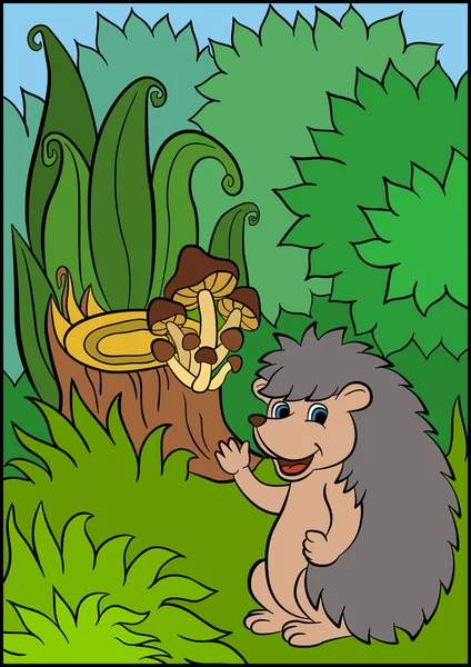 Piccolo porcospino carino sta nella foresta e sorride . — Vettoriale Stock