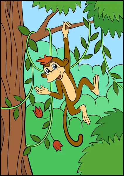 Μικρή χαριτωμένο μαϊμού κρεμάει στο δέντρο — Διανυσματικό Αρχείο