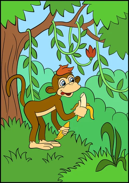 Littke macaco bonito come banana na floresta . —  Vetores de Stock