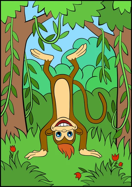 Kleiner süßer Affe steht kopfüber und lächelt — Stockvektor