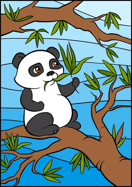 Little cute panda sits on the tree and eats leaves. — Stock Vector