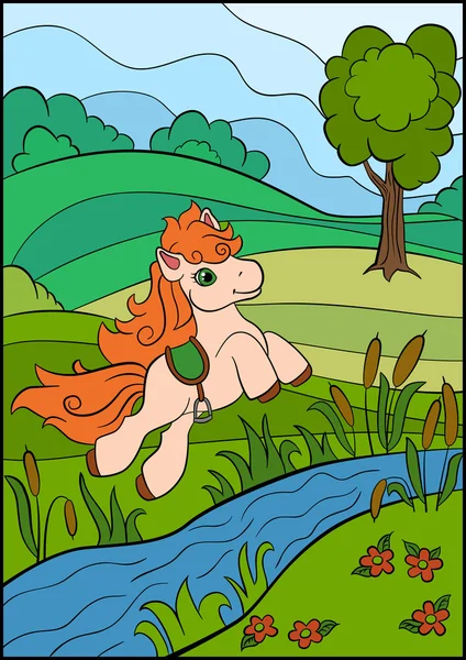 Kleine schattige pony springt onder de rivier. — Stockvector