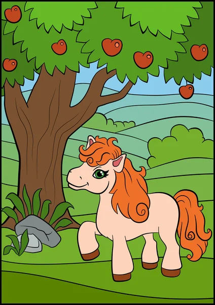 Piccolo pony carino sta vicino all'albero e sorride . — Vettoriale Stock