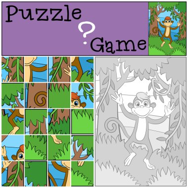 Küçük sevimli maymun çalışır ve gülümsüyor.