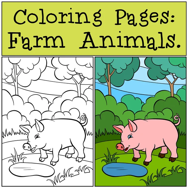 Dibujos para colorear: Animales de granja. Pequeño cerdo lindo está cerca de la po — Vector de stock