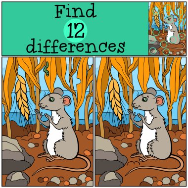 Çocuk Oyunları: bul farklılıklar. Küçük sevimli fare bakıyor