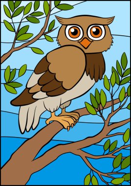 Çocuklar için çizgi film kuşlar. Küçük şirin baykuş ağaç dalı üzerinde oturur 