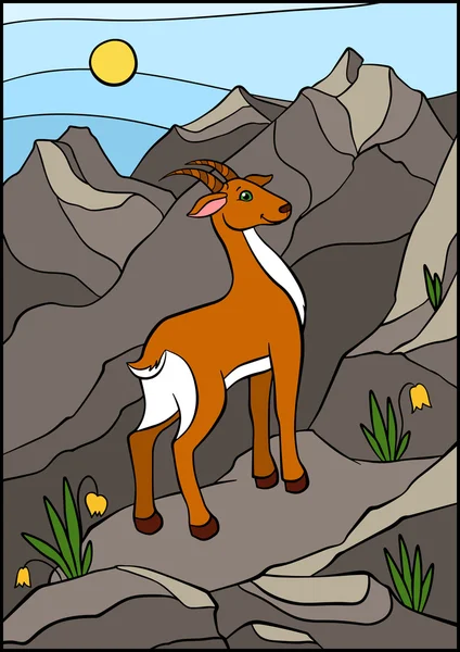 Little cute antelope stands on the rocks and smiles. — Stock Vector