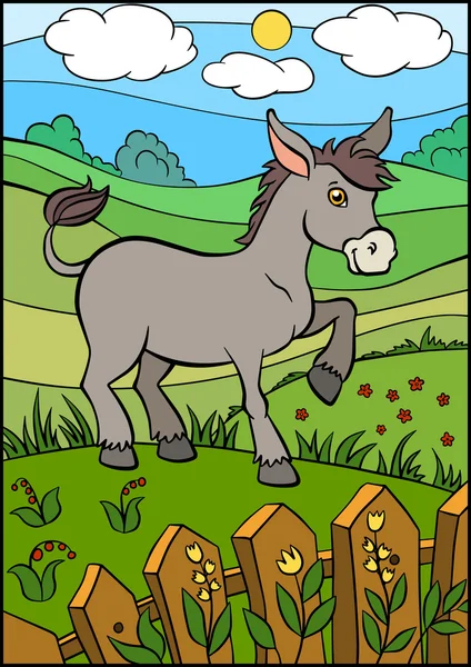 Zeichentrick-Bauernhoftiere für Kinder. Niedliche kleine Esel steht und lächelt — Stockvektor