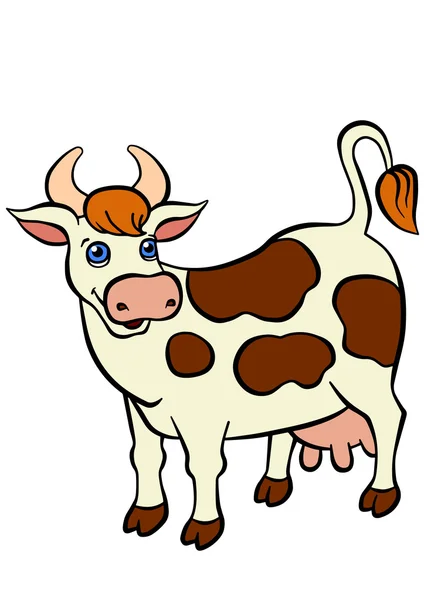 Animales de granja de dibujos animados para niños. Linda vaca se para y sonríe . — Vector de stock