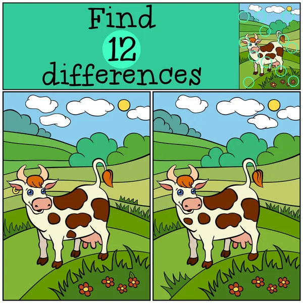 Παιχνίδια για παιδιά: βρείτε τις διαφορές. Χαριτωμένο αγελάδα περίπτερα και χαμόγελα στο — Διανυσματικό Αρχείο