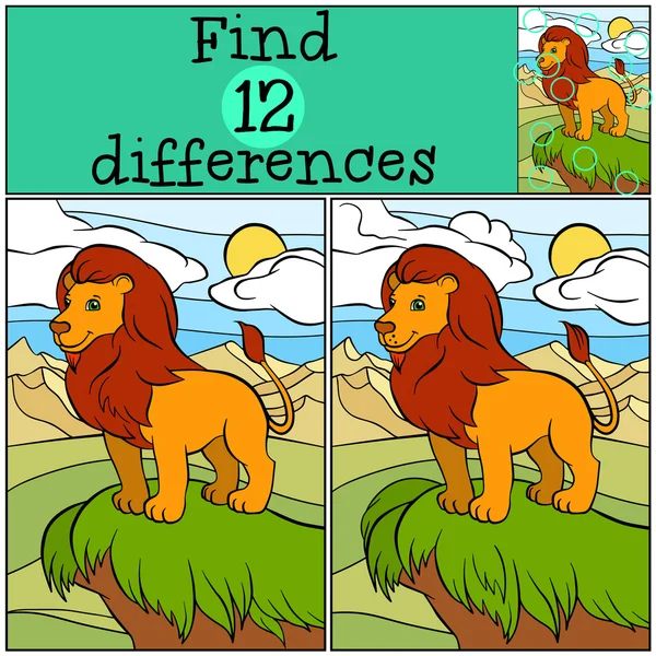 Children games: Find differences. Cute beautiful lion stands on — Stock Vector